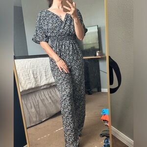 Dark Floral Puffy Sleeved Long Jumpsuit - Size M